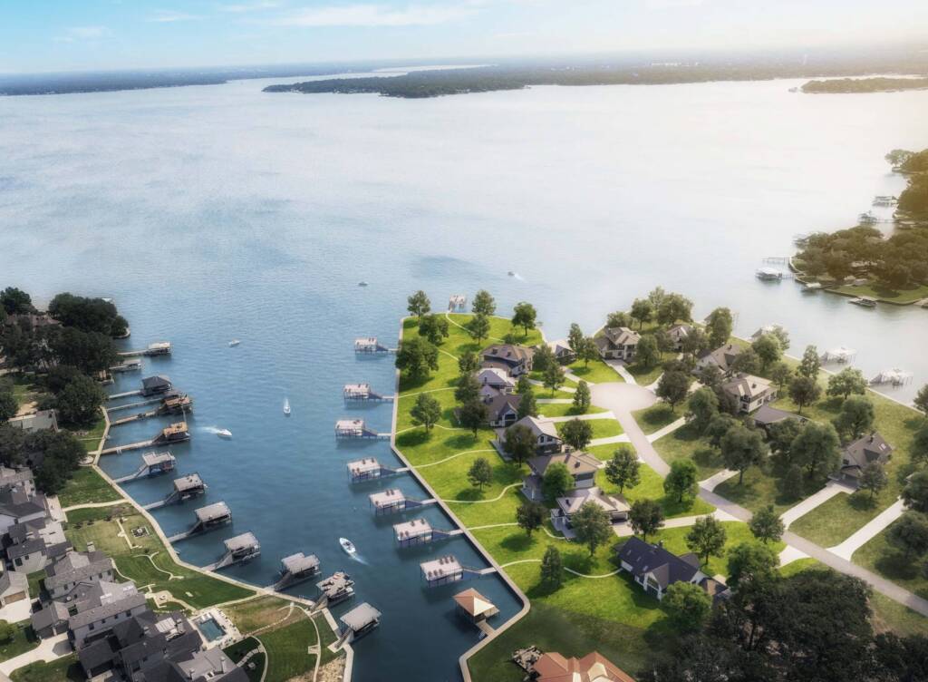 Albright Land & Development at Cedar Creek Lake | Rendering of The Groves development with luxury homes and private docks overlooking a sunny day at the lake.