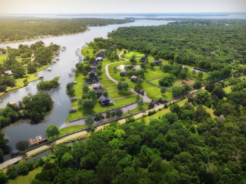 Albright Land & Development at Cedar Creek Lake | Rendering of Sunrise Harbor development featuring homes, personal docks, pond, chipping & putting area, private boat ramp, and mature canopy of trees.